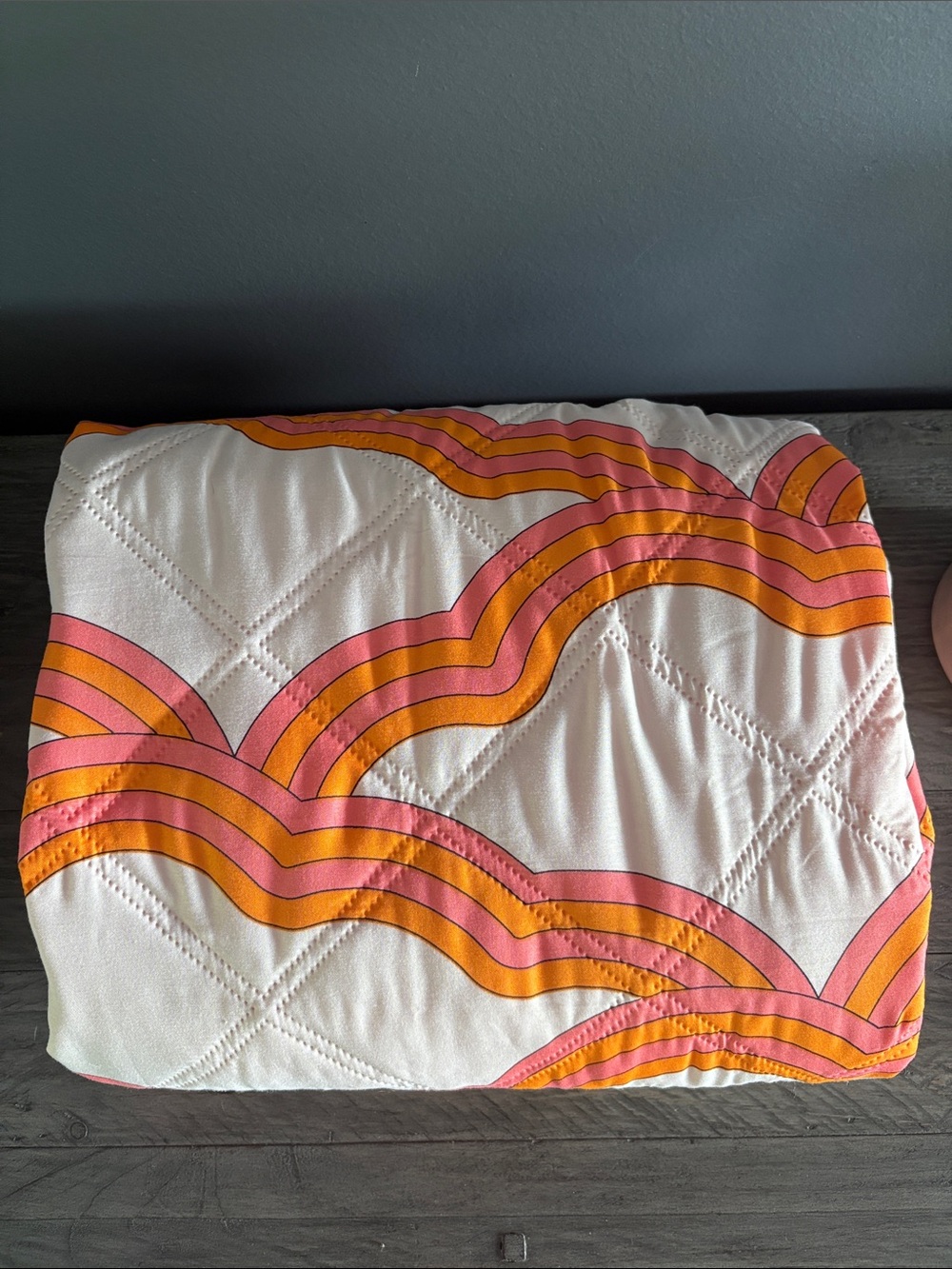 White Picnic blanket with Pink and Orange Wave Pattern
